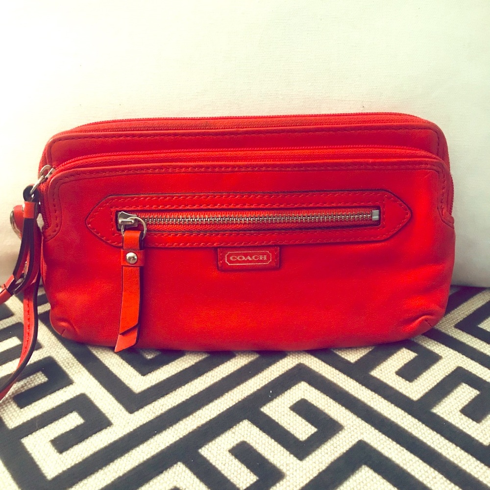 Coach Red Orange Triple Zip Capacity Wristlet